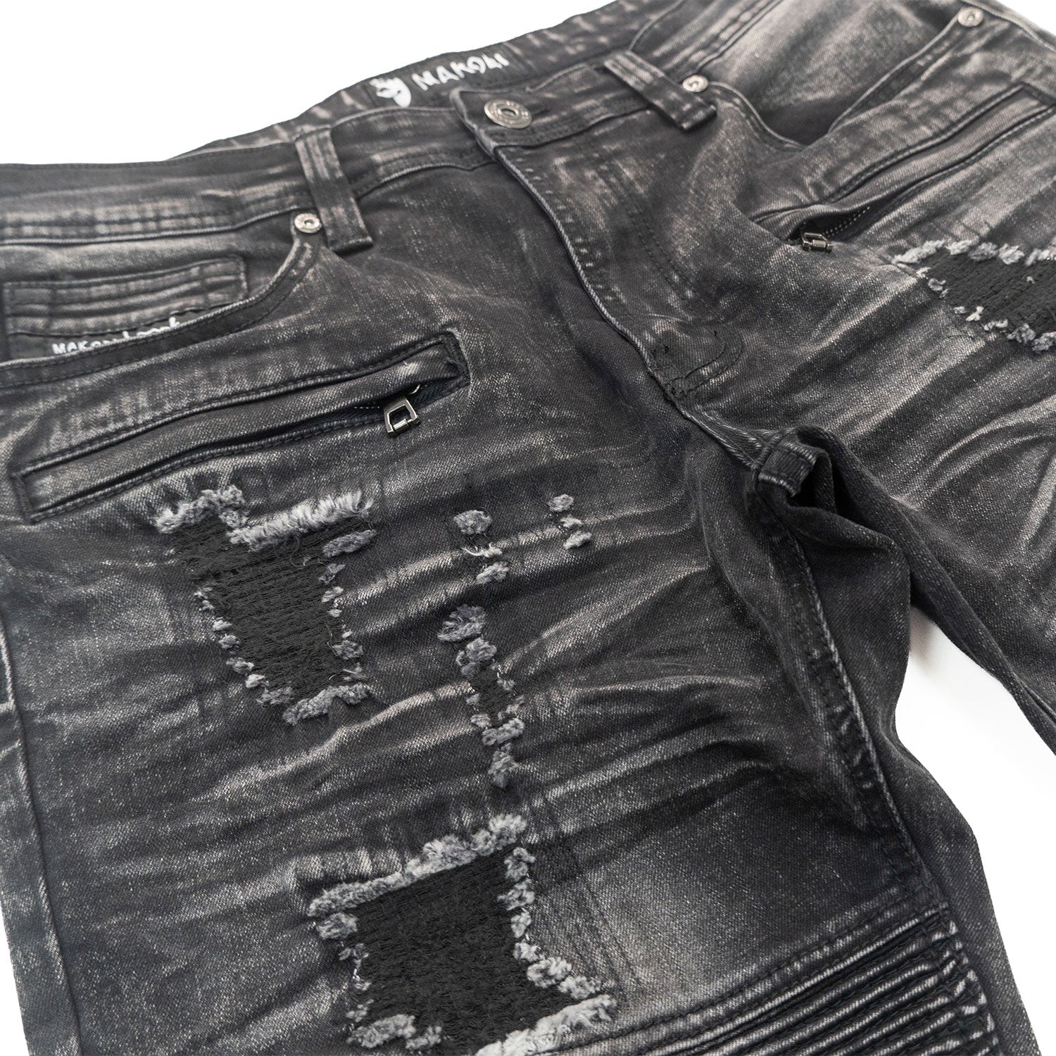 M1786 Makobi Prado Biker Jeans with Rip & Repair - Black Wash