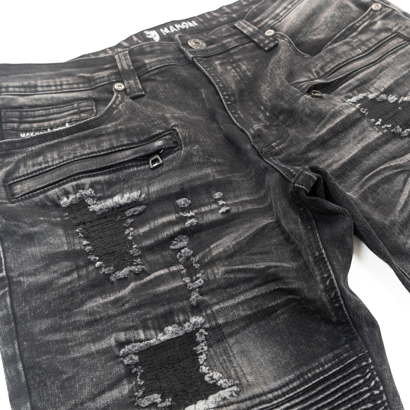 M1786 Makobi Prado Biker Jeans with Rip & Repair - Black Wash