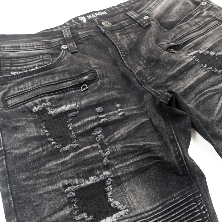 M1786 Makobi Prado Biker Jeans with Rip & Repair - Black Wash