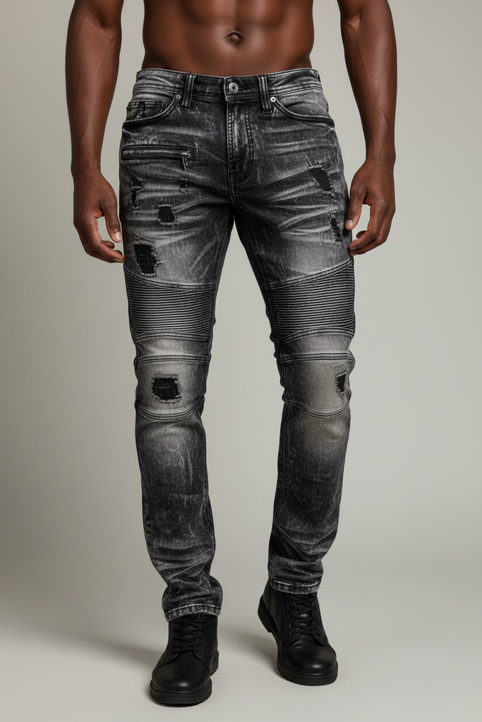 M1786 Makobi Prado Biker Jeans with Rip & Repair - Black Wash