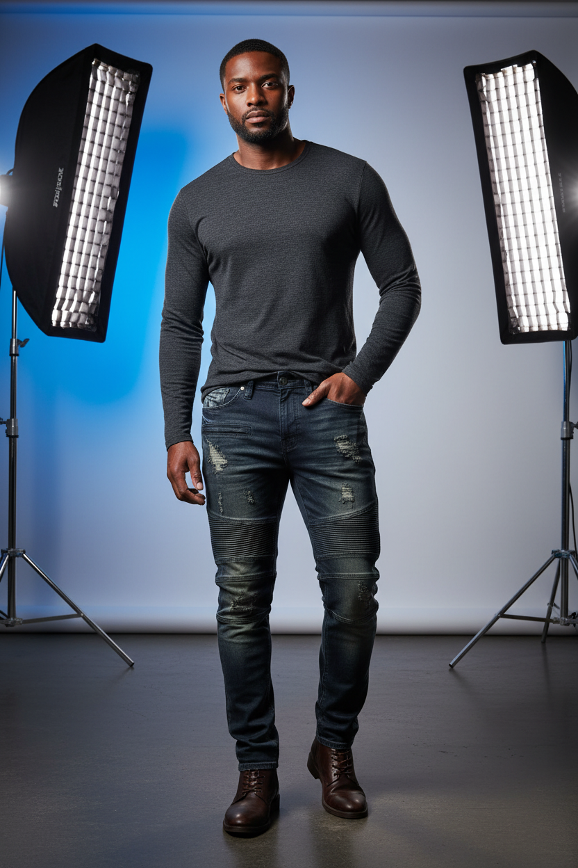 M1786 Makobi Prado Biker Jeans with Rip & Repair - Dark Vintage Wash