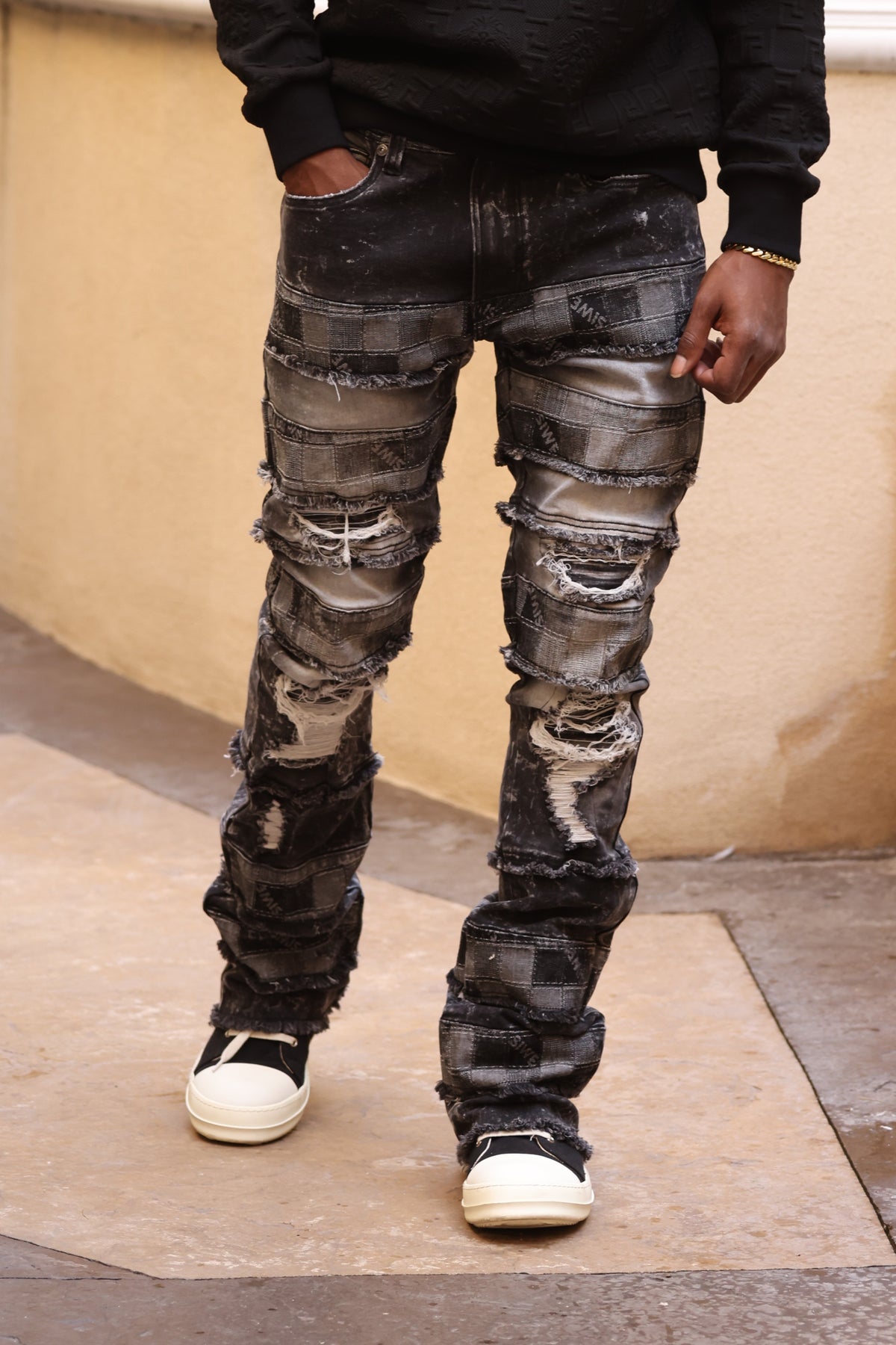 Makobi M1951 Bianchi Stacked Jeans in Black, view 2