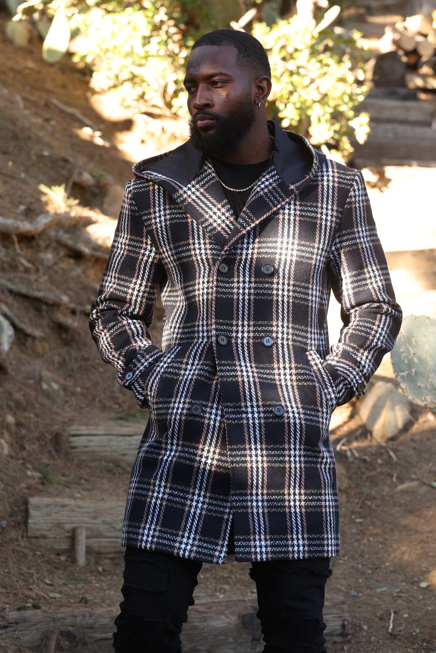 M4044 Gilbert Plaid Wool Hooded Coat - Black