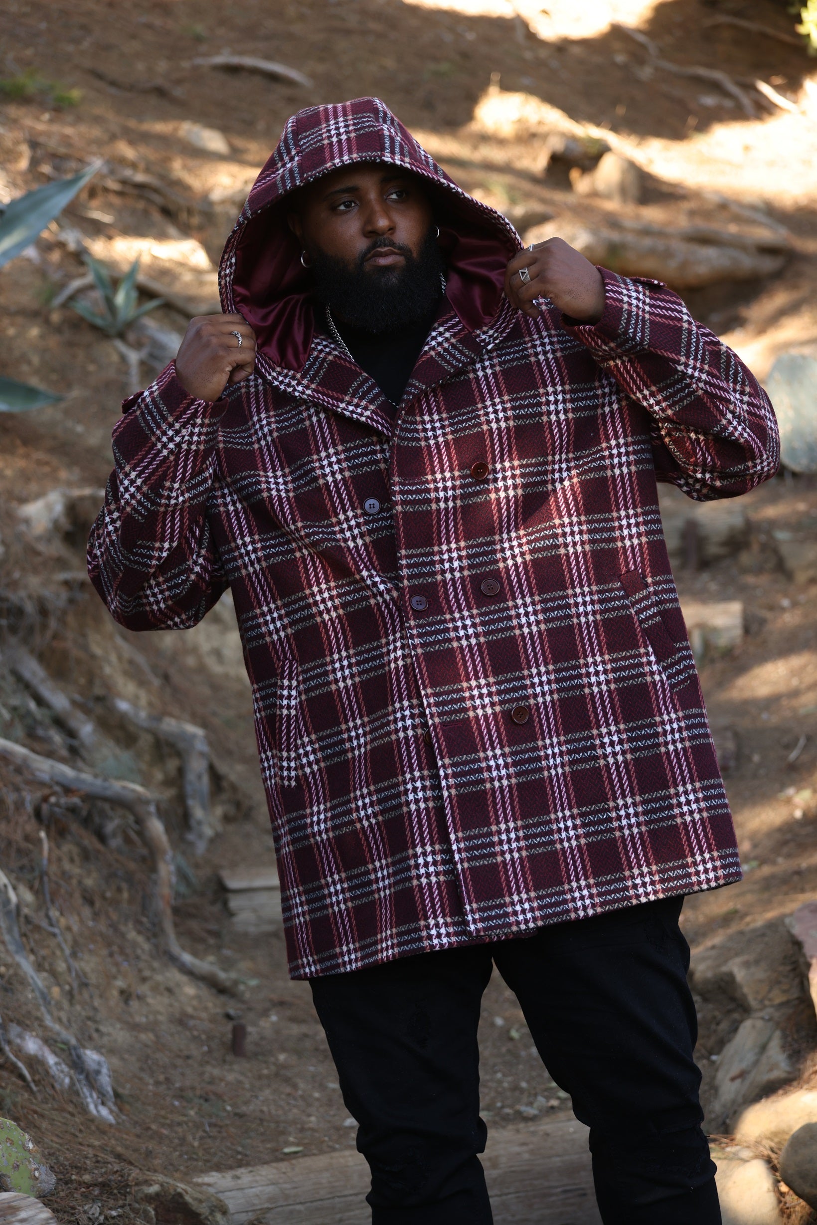 Makobi M4044 Gilbert Plaid Wool Hooded Coat in Burgundy, view 3