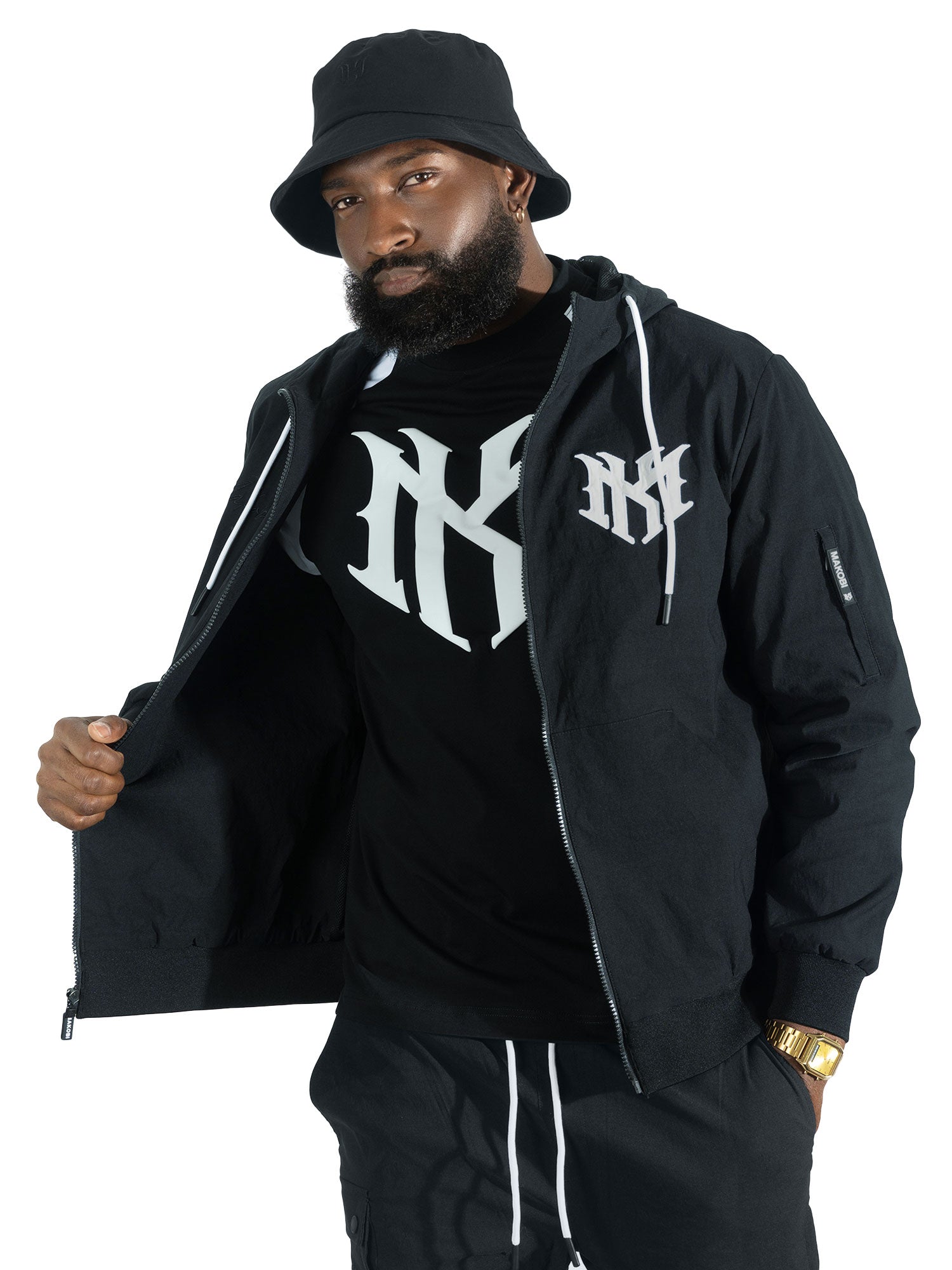 Nylon Hoodie | M4634 Adorni Zip Up- Black