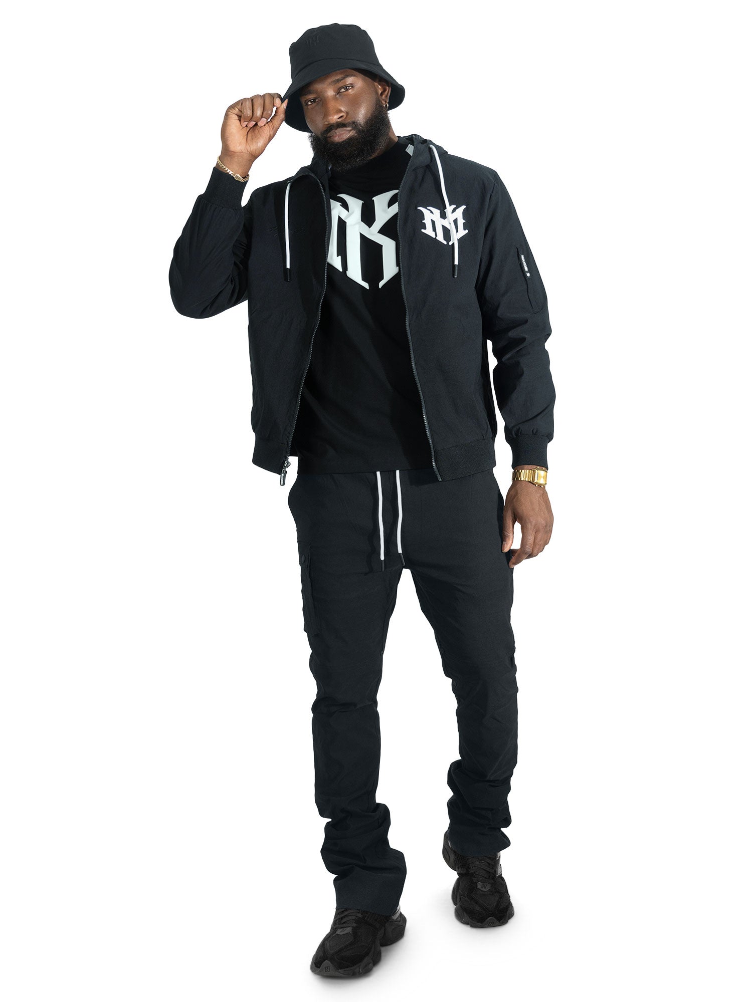 Nylon Hoodie | M4634 Adorni Zip Up- Black