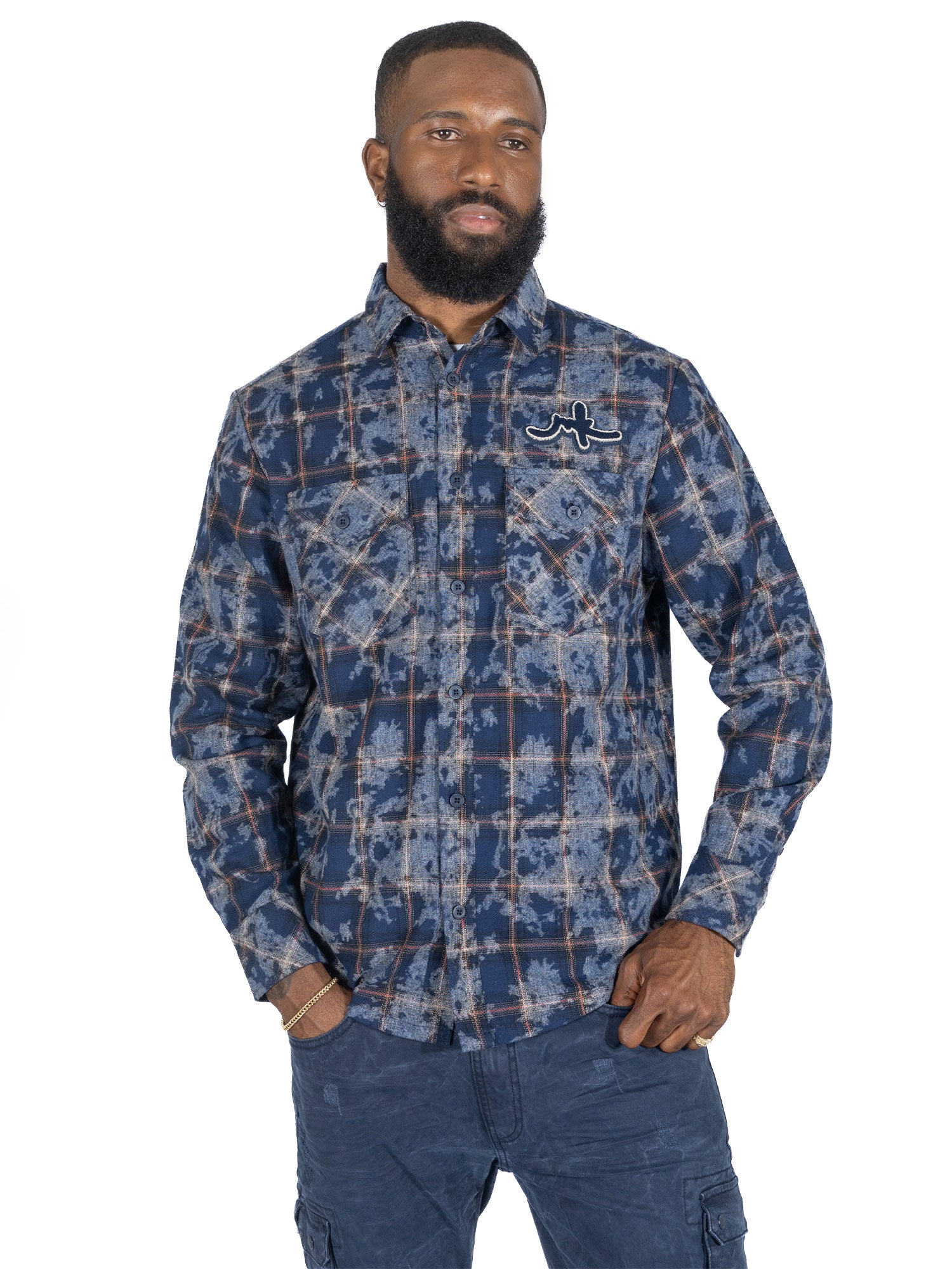 V1845 Bọtini Veno-isalẹ Plaid Long Sleeves - Dudu/pupa