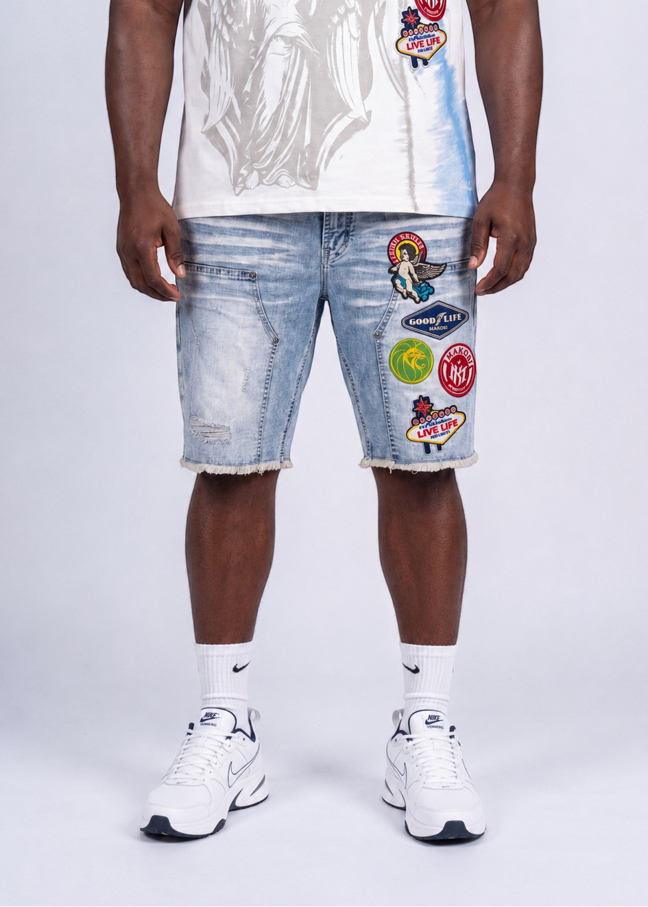 M941 Mondo Patch Denim Shorts - Light Wash