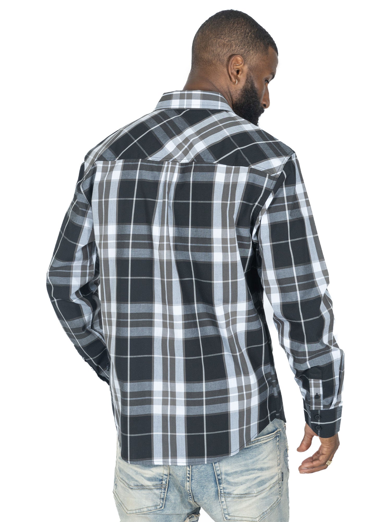 V1826 Brandon Long sleeves Plaid Shirt - Black