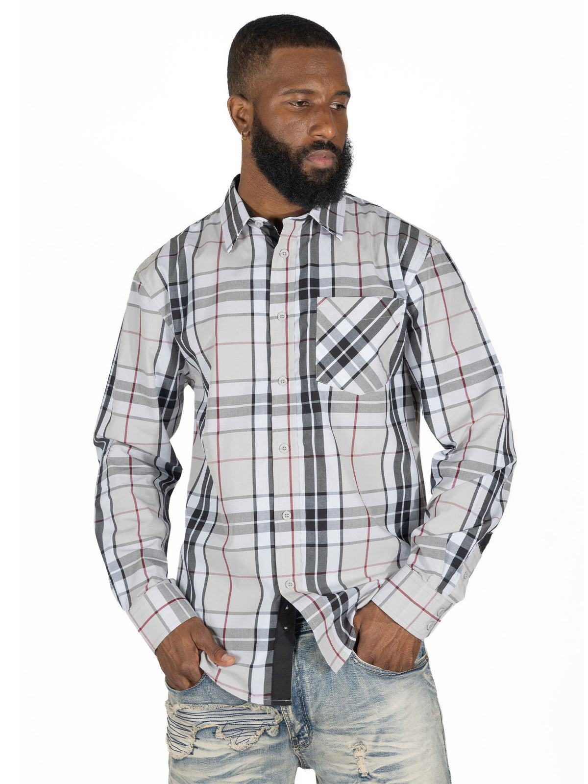 Makobi V1826 Brandon Long sleeves Plaid Shirt in Gray