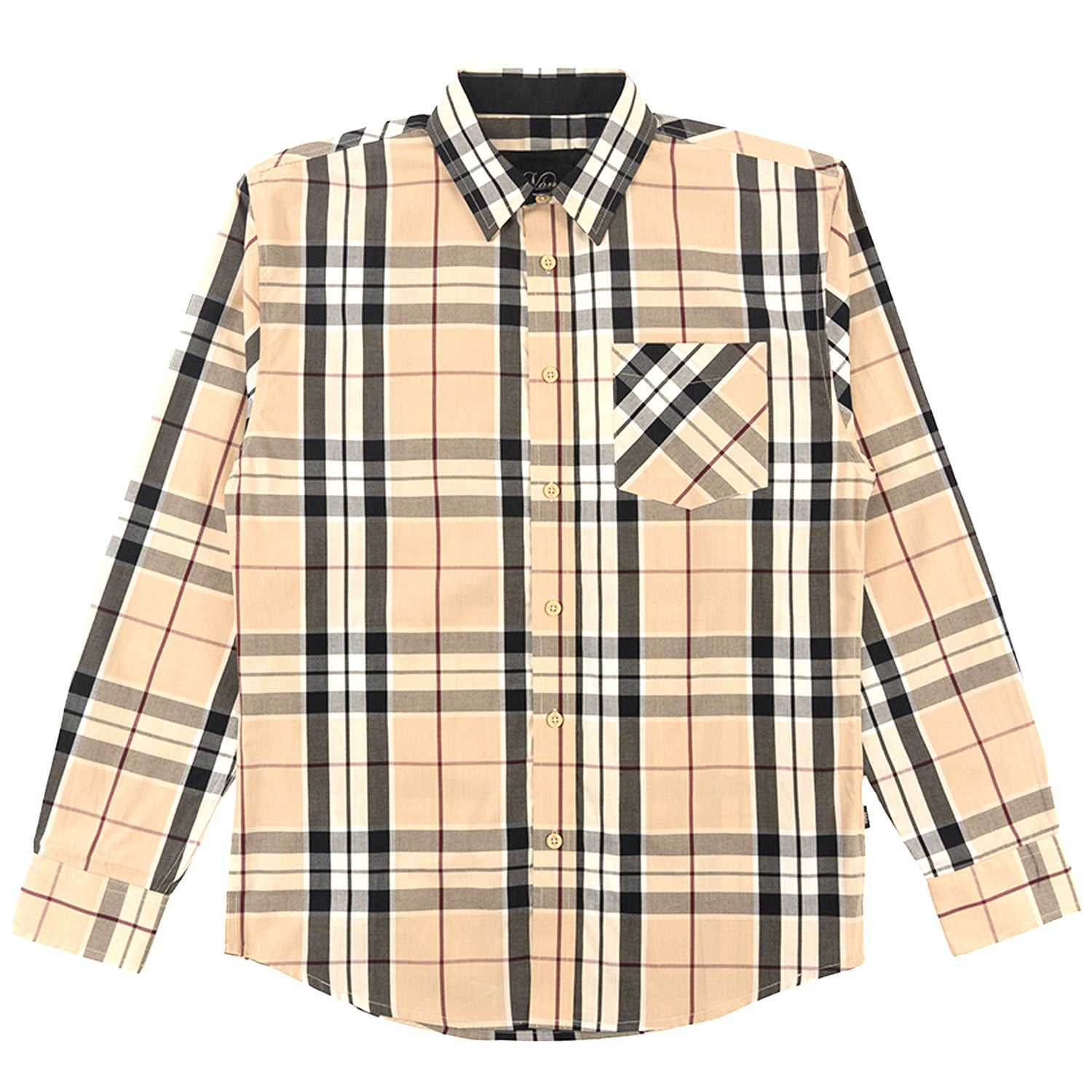 V1845 Bọtini Veno-isalẹ Plaid Long Sleeves - Dudu/pupa