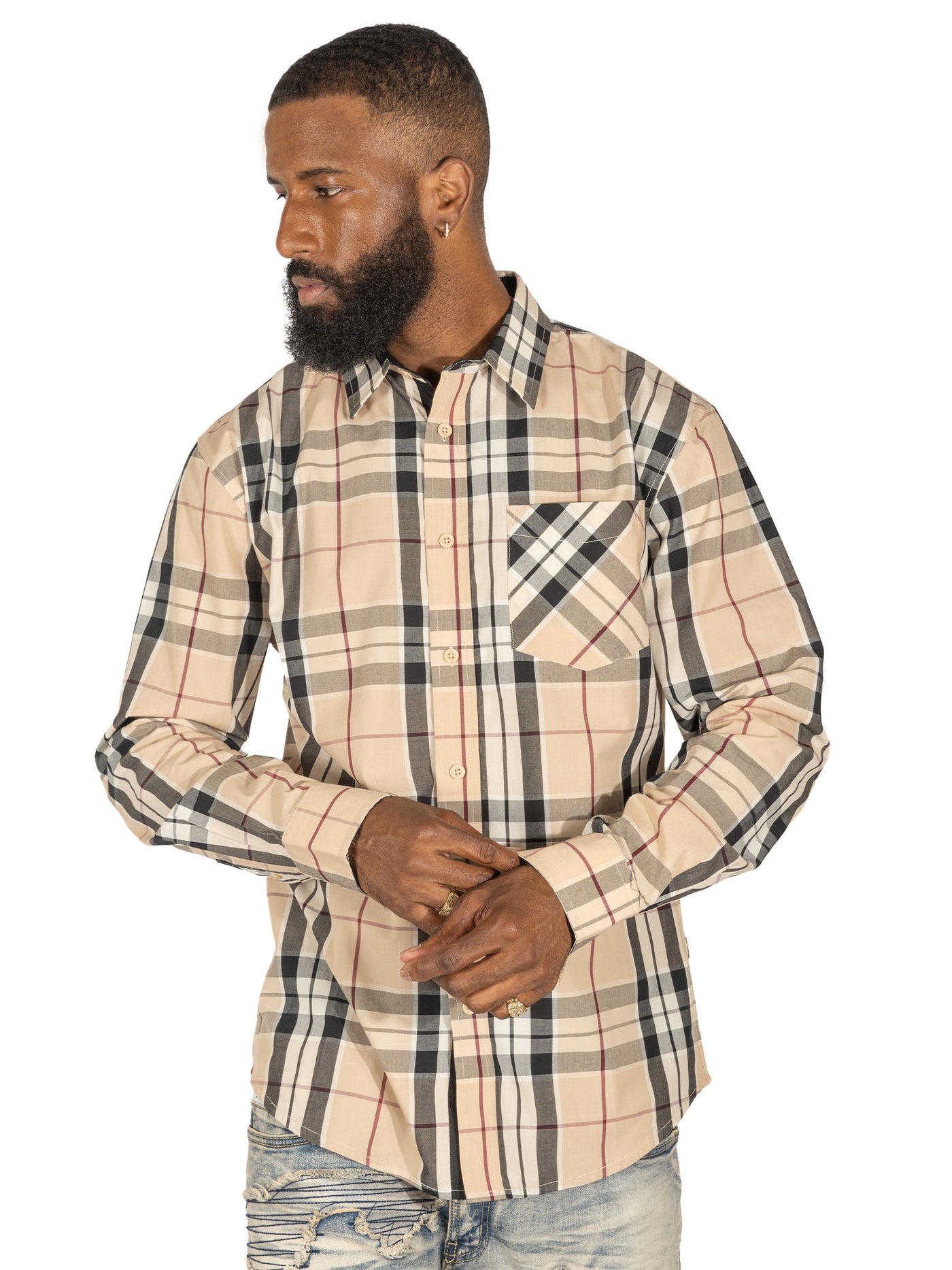 V1826 Brandon Long sleeves Plaid Shirt - Khaki