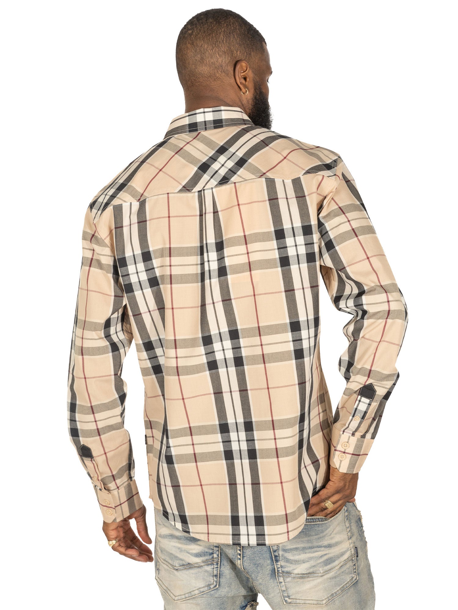 V1845 Bọtini Veno-isalẹ Plaid Long Sleeves - Dudu/pupa