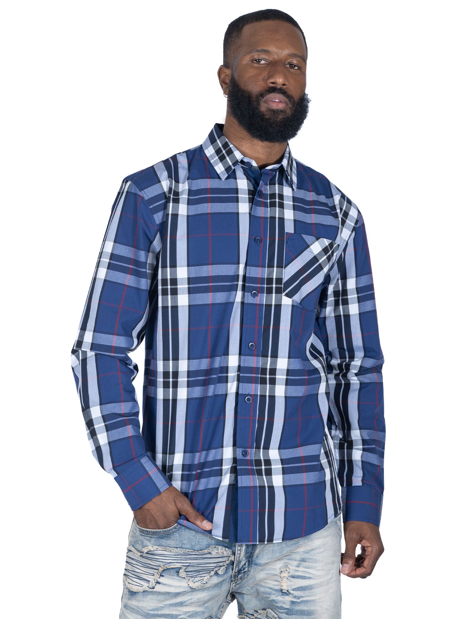 V1845 Bọtini Veno-isalẹ Plaid Long Sleeves - Dudu/pupa