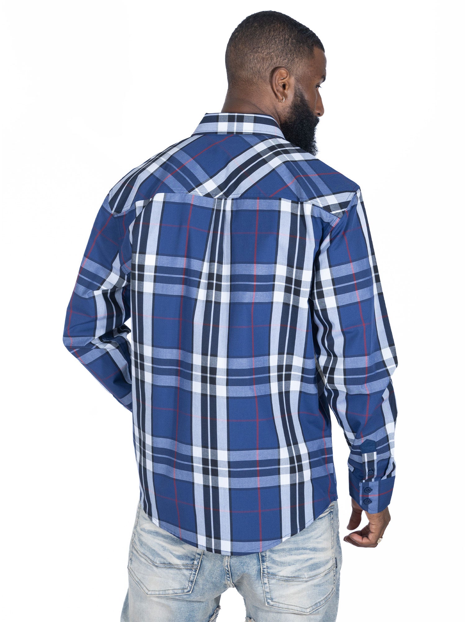 Makobi V1826 Brandon Long sleeves Plaid Shirt in Navy, view 4