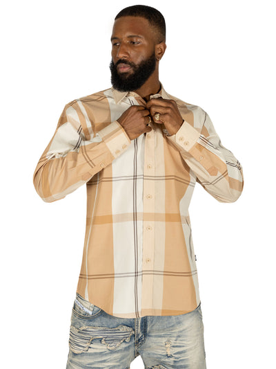 V1829 Colton Long Sleeves Plaid Shirt - Khaki