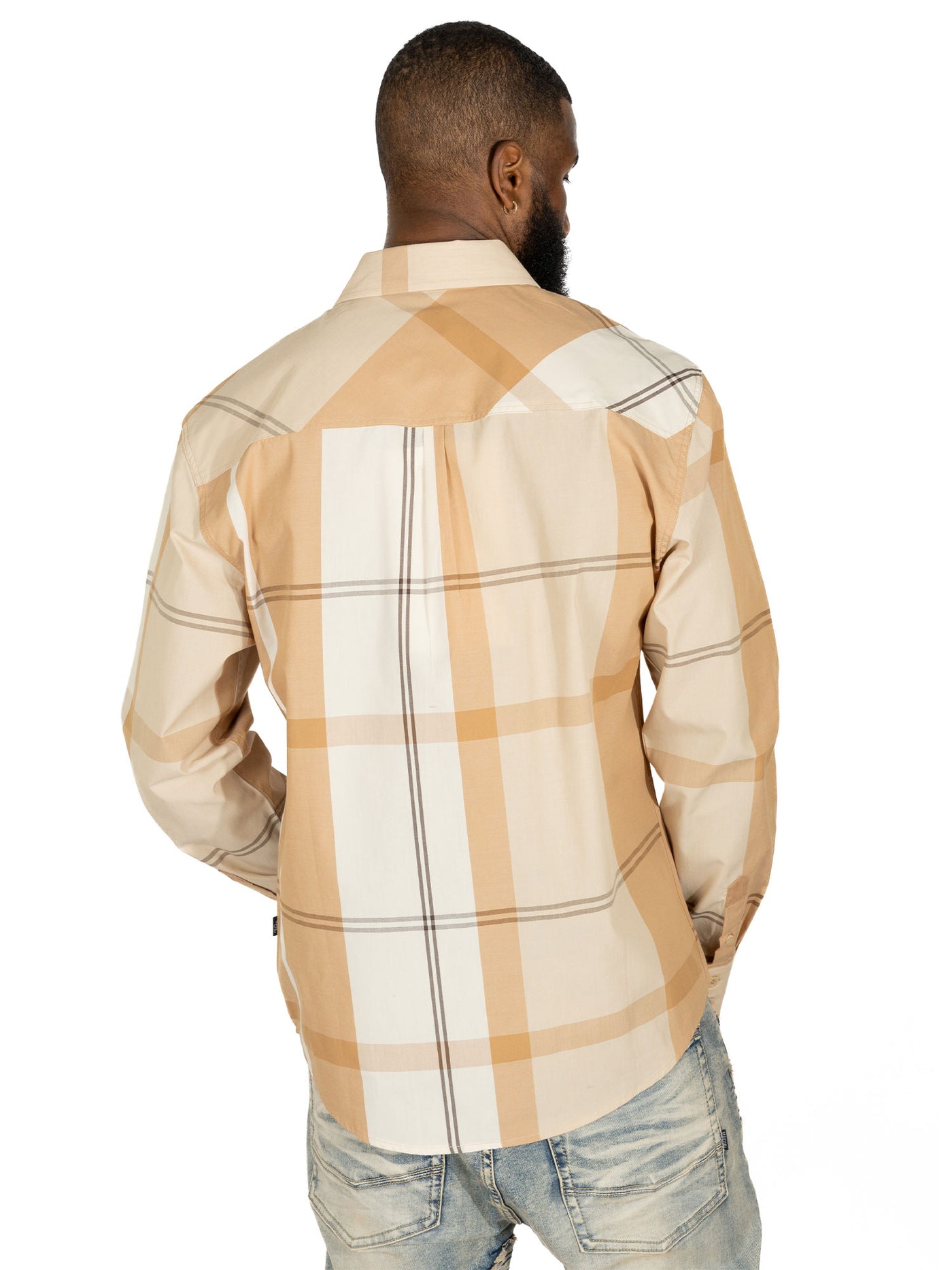 V1845 Bọtini Veno-isalẹ Plaid Long Sleeves - Dudu/pupa