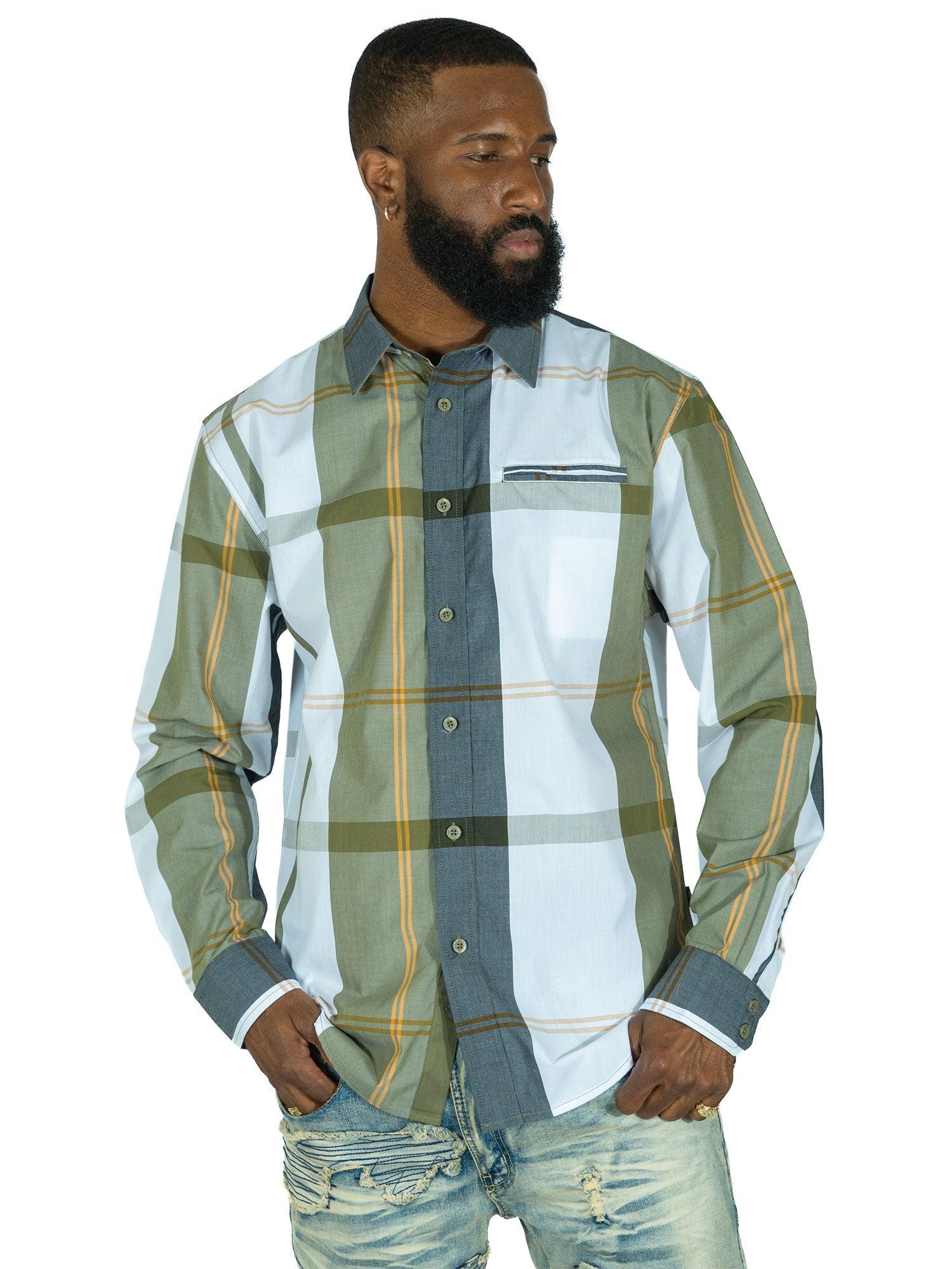 V1829 Colton Long Sleeves Plaid Shirt - Olive