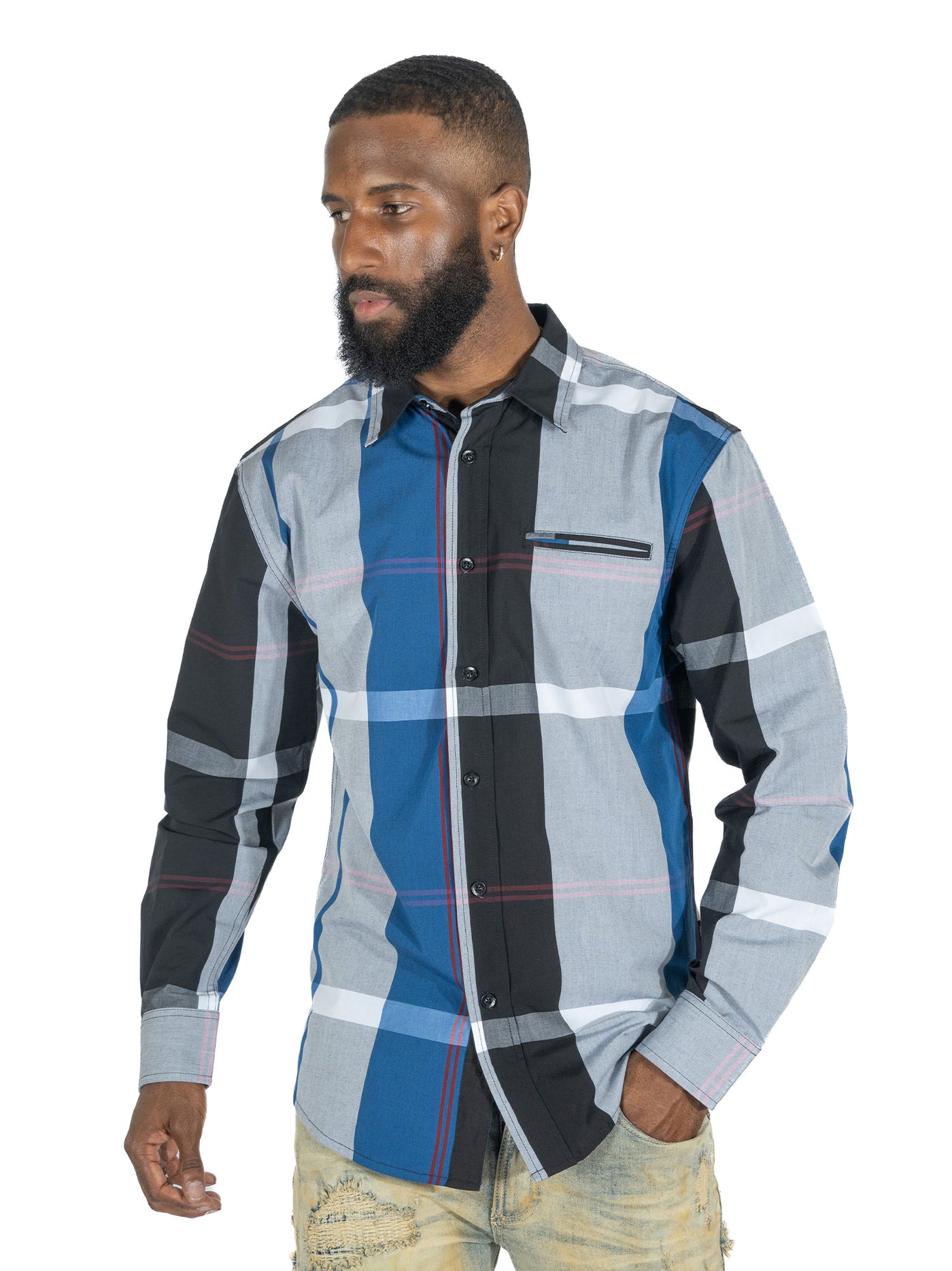 V1829 Colton Long Sleeves Plaid Shirt - Royal