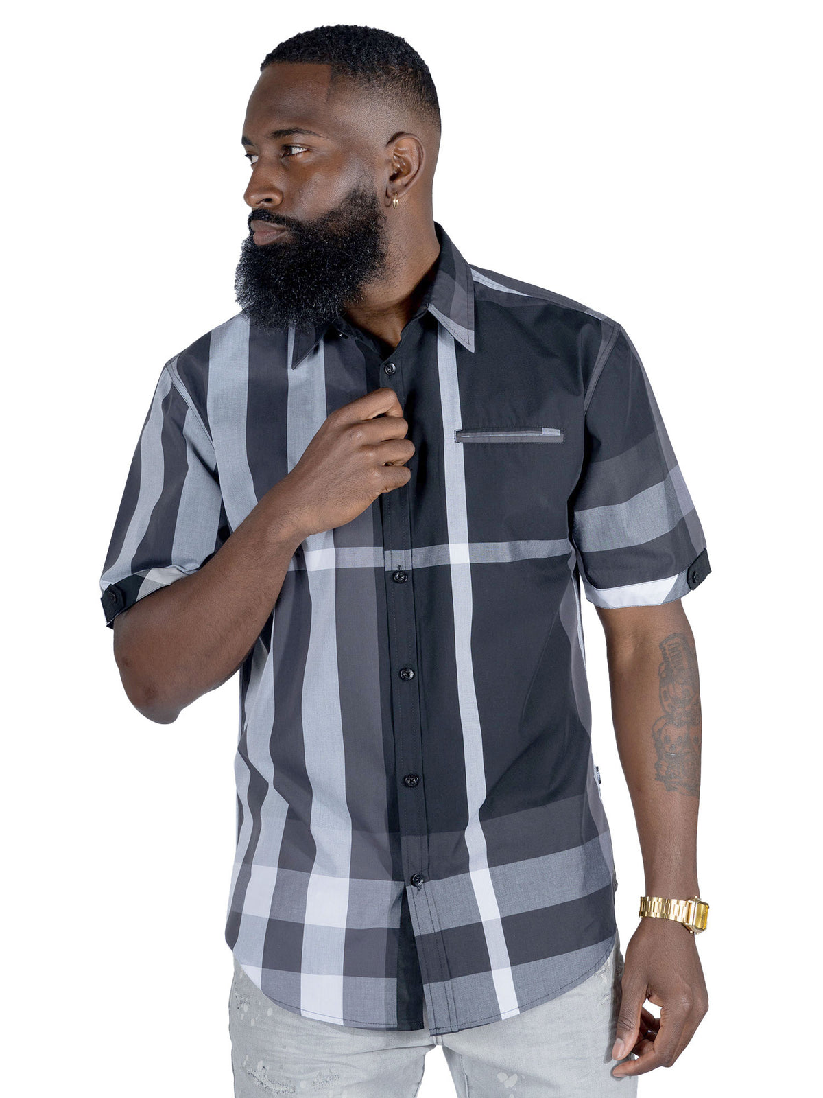 Makobi V836 Hugo Plaid Shirt in Black, view 2