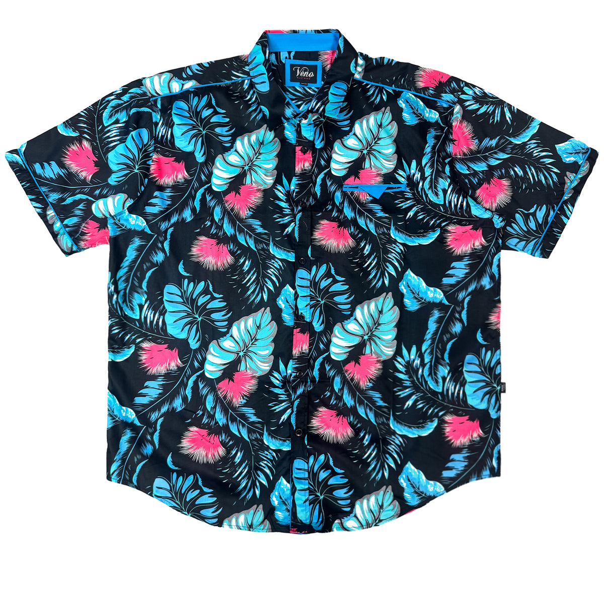 V872 Short Sleeve Tropical Print Shirt - Black