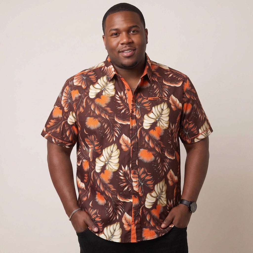 V872 Short Sleeve Tropical Print Shirt - Brown