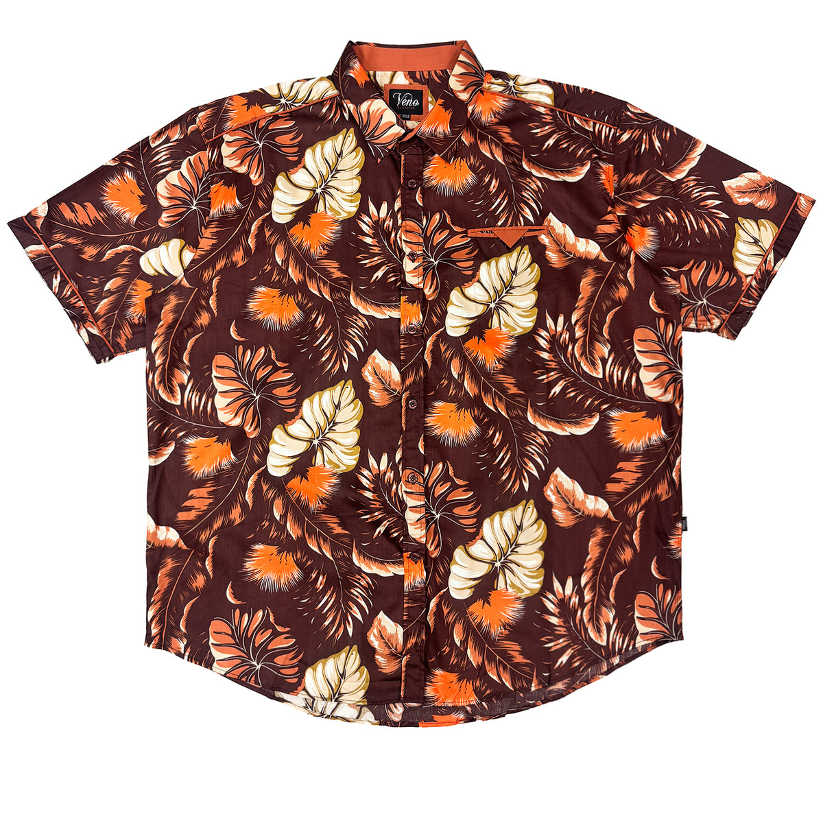 V872 Short Sleeve Tropical Print Shirt - Brown