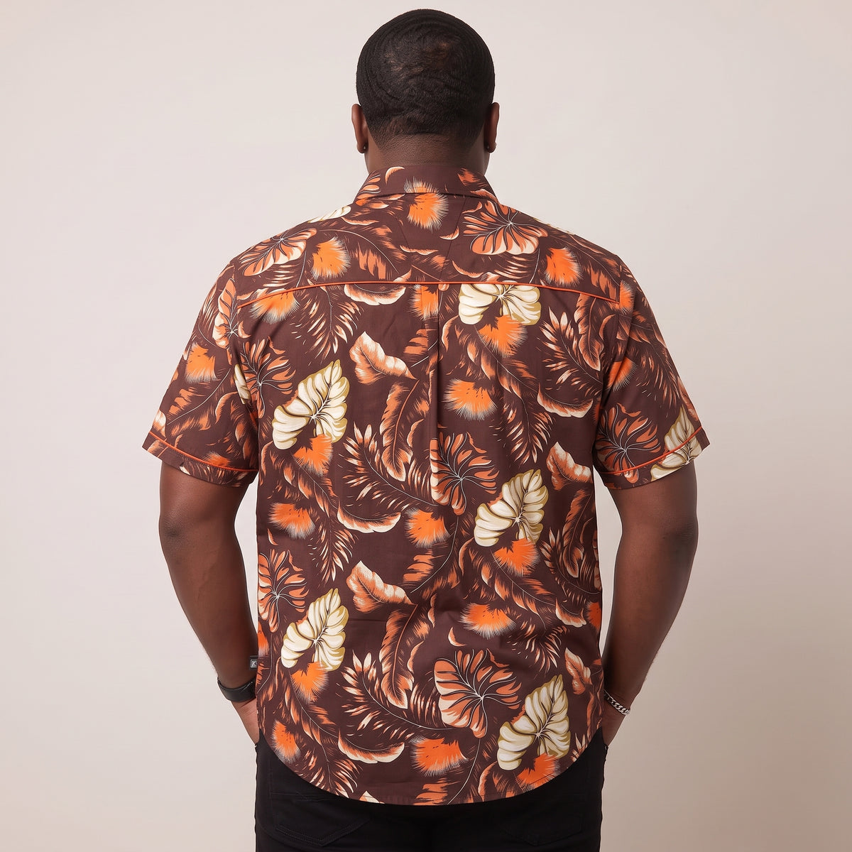V872 Short Sleeve Tropical Print Shirt - Brown