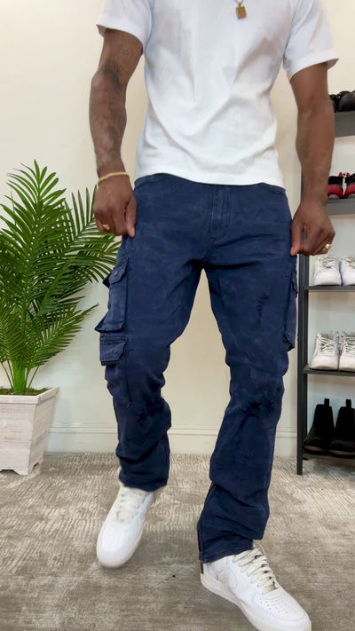 M1737 Berteli Acid Cargo Pants - Navy