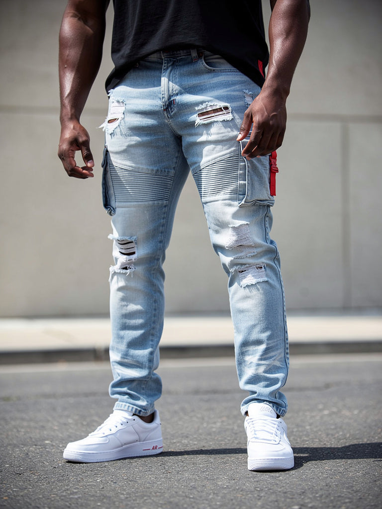 M1939 Railay Biker Jeans w / Awọn apo ẹgbẹ - Light Wẹ