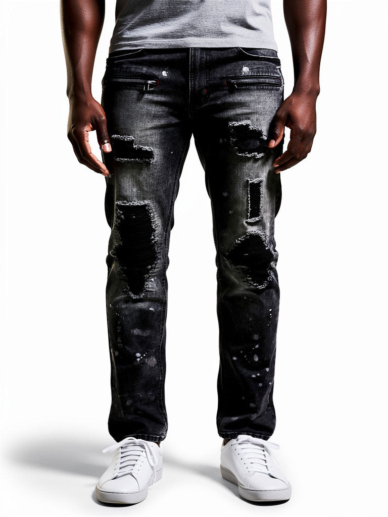 M1771 Makobi Petani Shredded Jeans With Bleach Spots - Black Wash