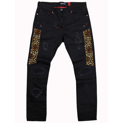 M1782 Ripped & Repair Jeans With Leopard Print Patch - Black/Black