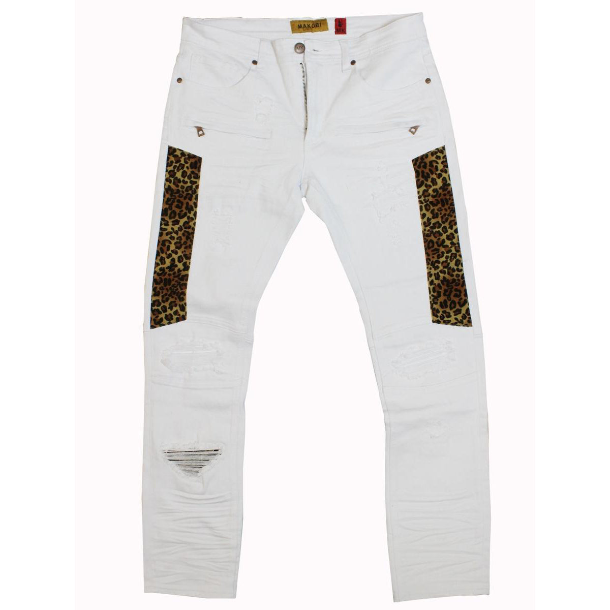 M1782 Ripped & Tunṣe Jeans Pẹlu Amotekun Print Patch - White