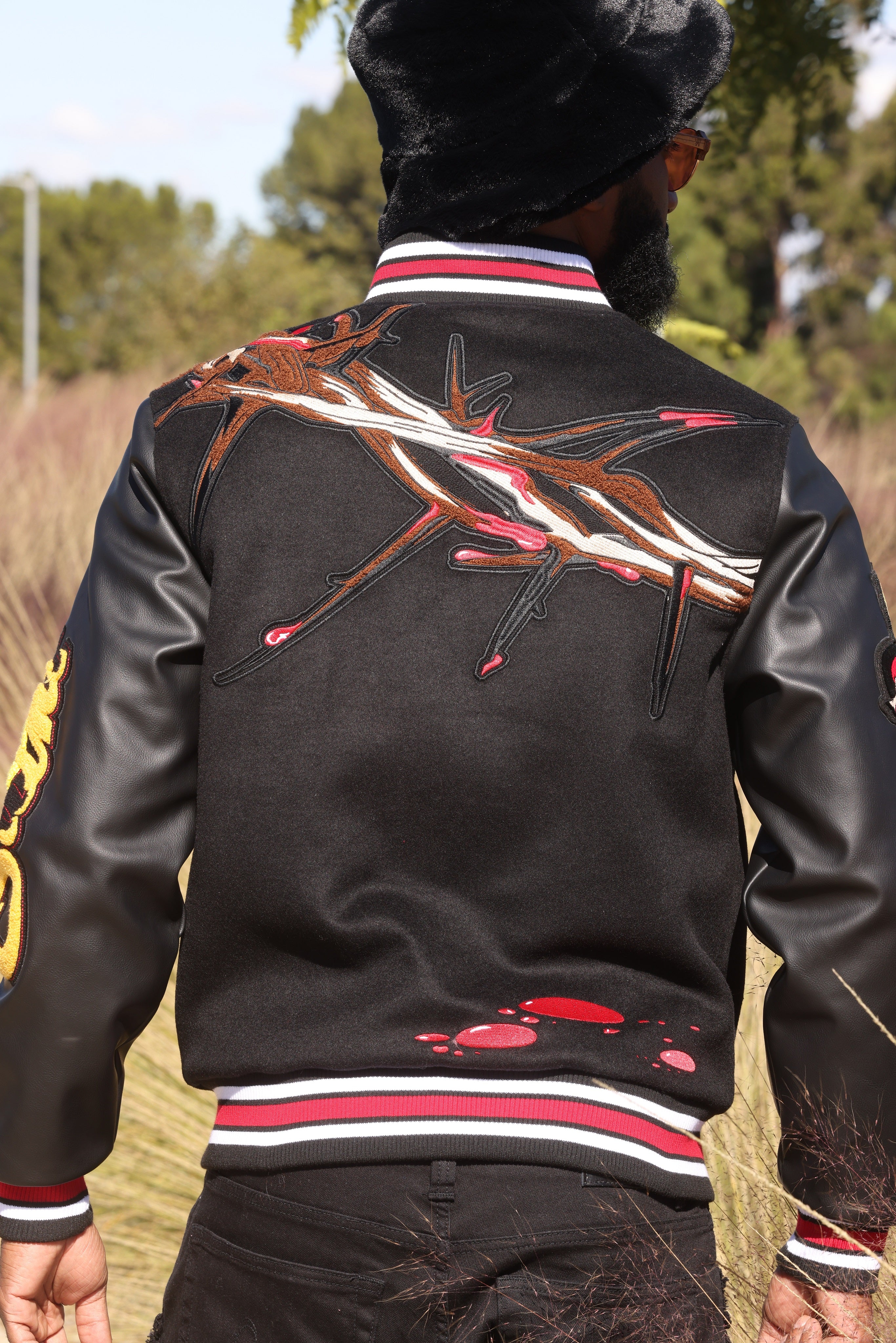 Makobi F1021 "SAINTS" Wool Varsity Jacket in Black, view 3