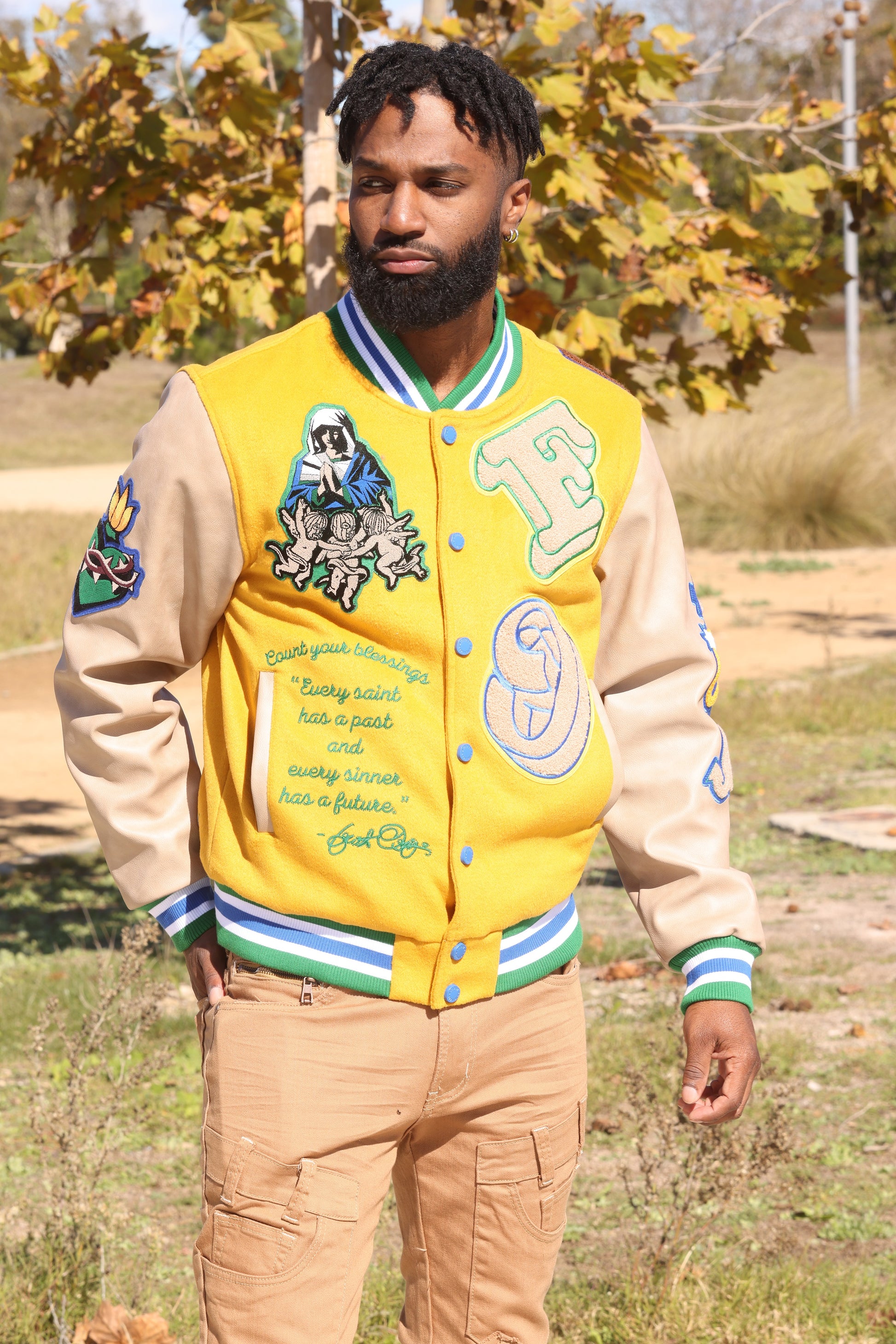 Makobi F1021 "SAINTS" Wool Varsity Jacket in Wheat, view 2