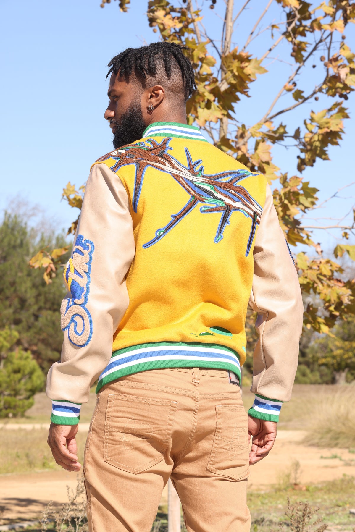 Makobi F1021 "SAINTS" Wool Varsity Jacket in Wheat, view 3