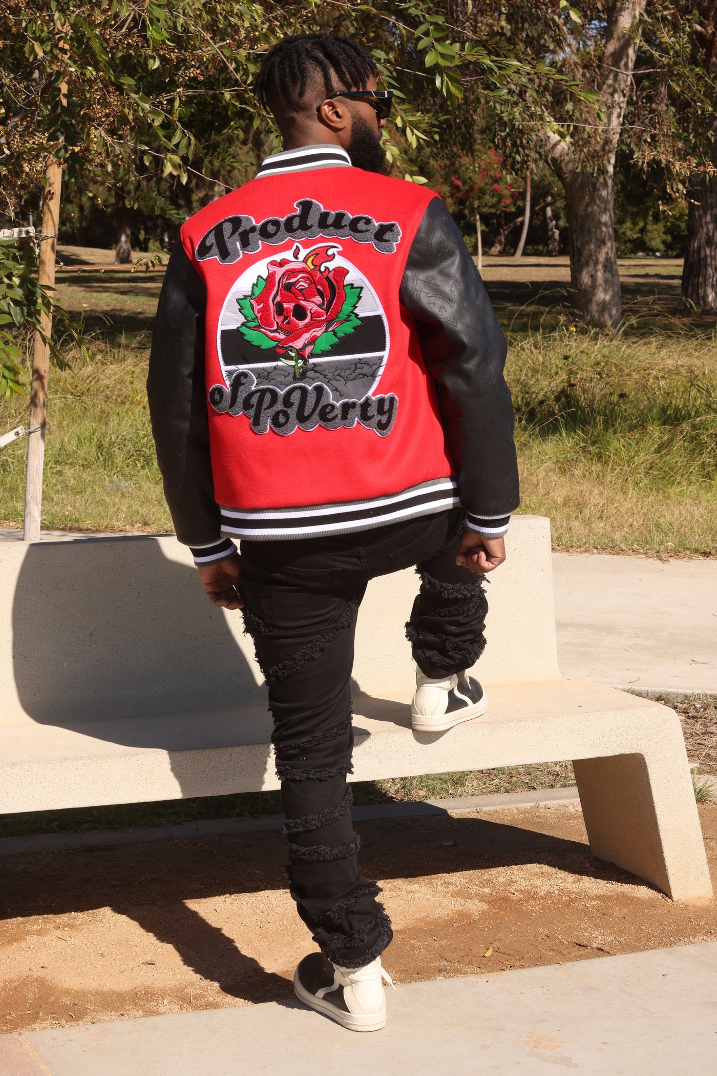 F1026 Product of Poverty Varsity Jacket - Red