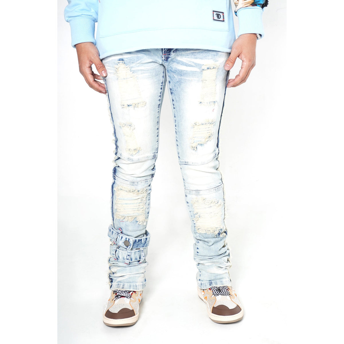 F1779 Shredded Stack Jeans - Light Wẹ