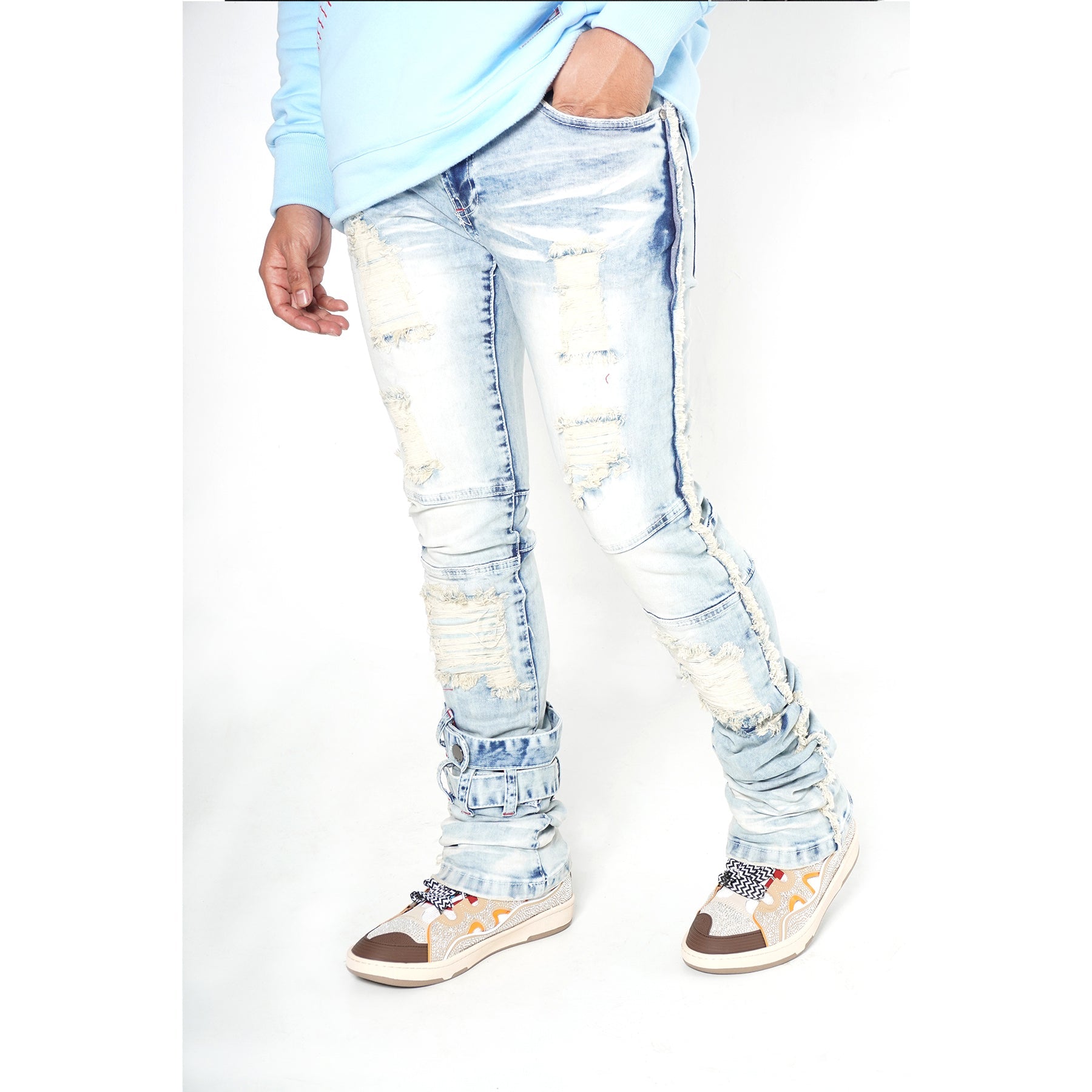 2 Color Stack Jean F1779 Shredded Stack Jeans - Light Wash – Makobi Jeans USA