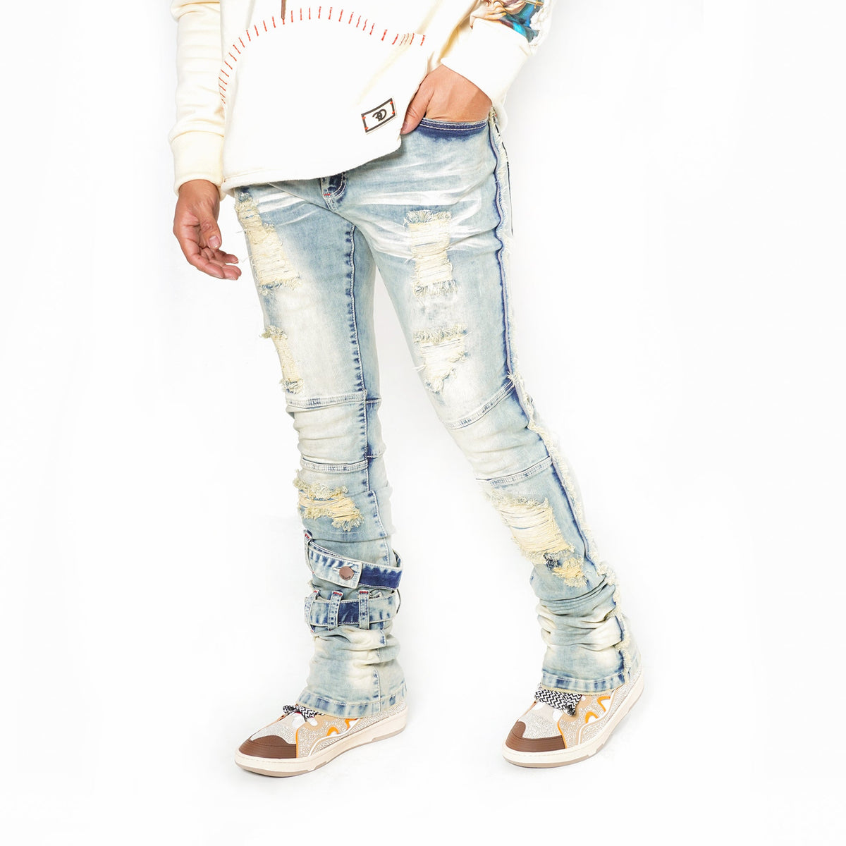 Makobi F1779 Shredded Stack Jeans in Dirt