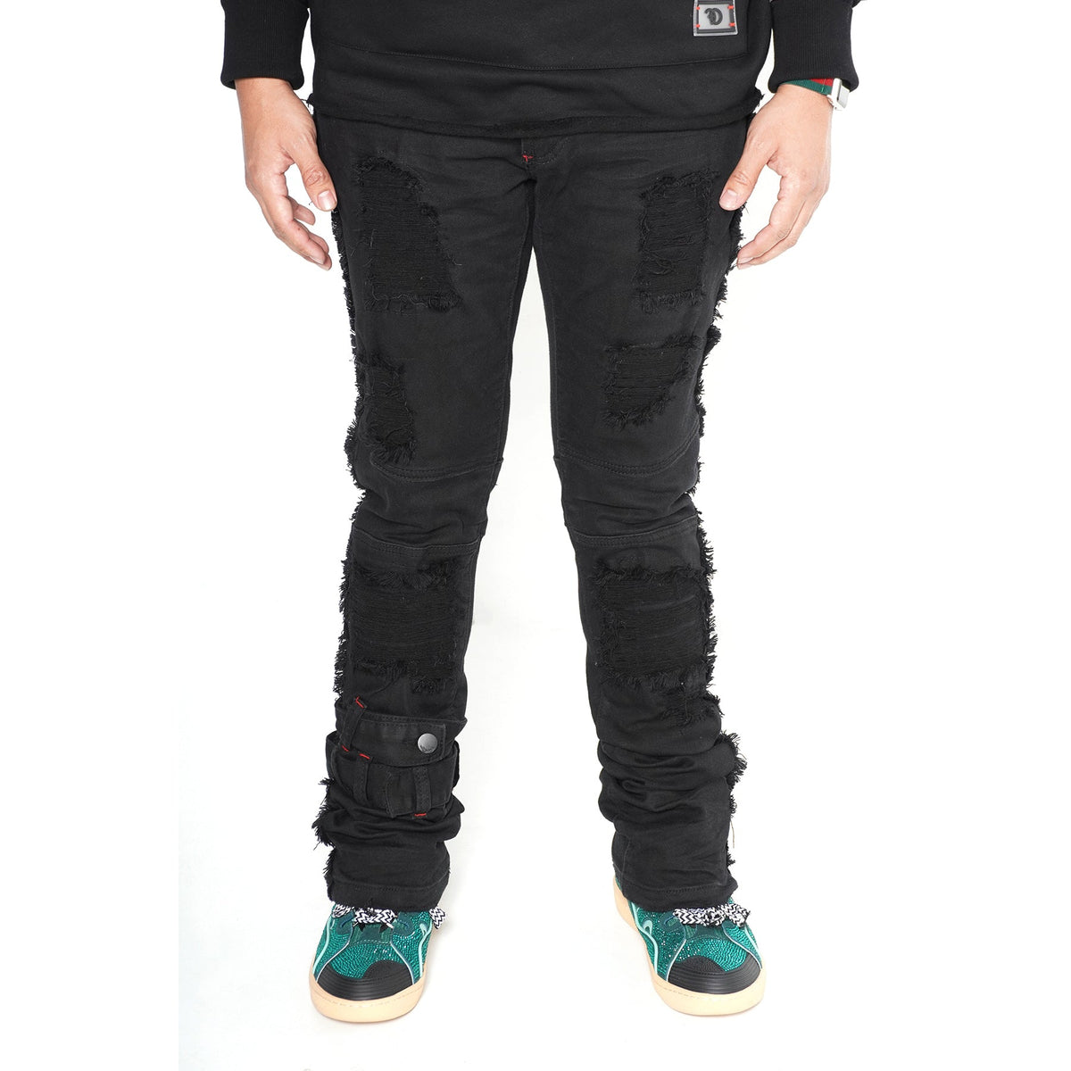 Makobi F1779 Shredded Stack Jeans in Black/Black, view 2