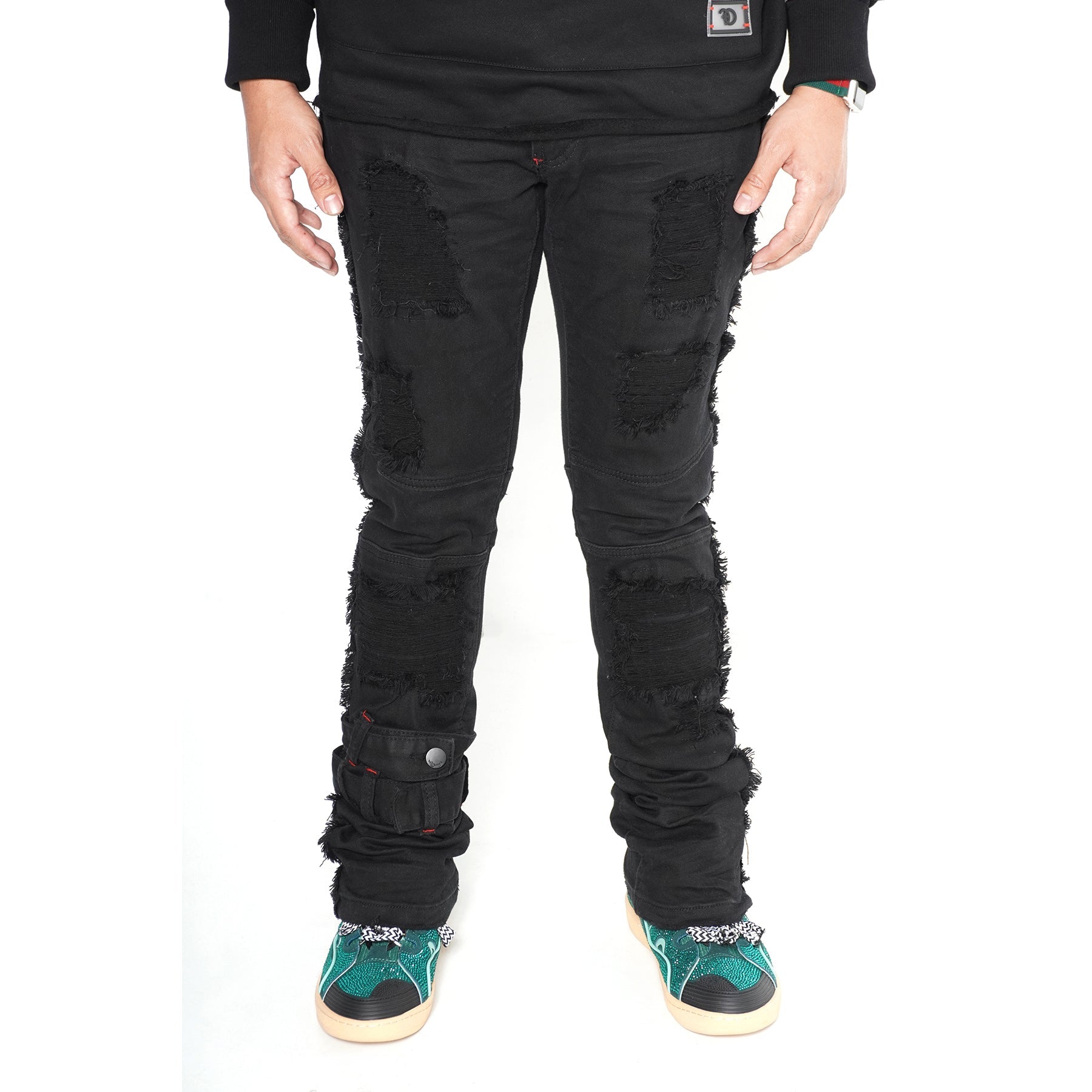 Makobi F1779 Shredded Stack Jeans in Black/Black, view 2