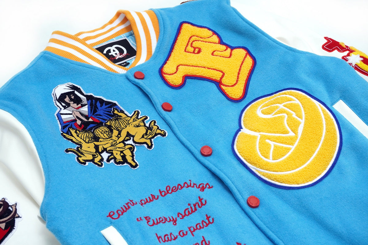 Makobi F1021 "SAINTS" Wool Varsity Jacket in Blue, view 3