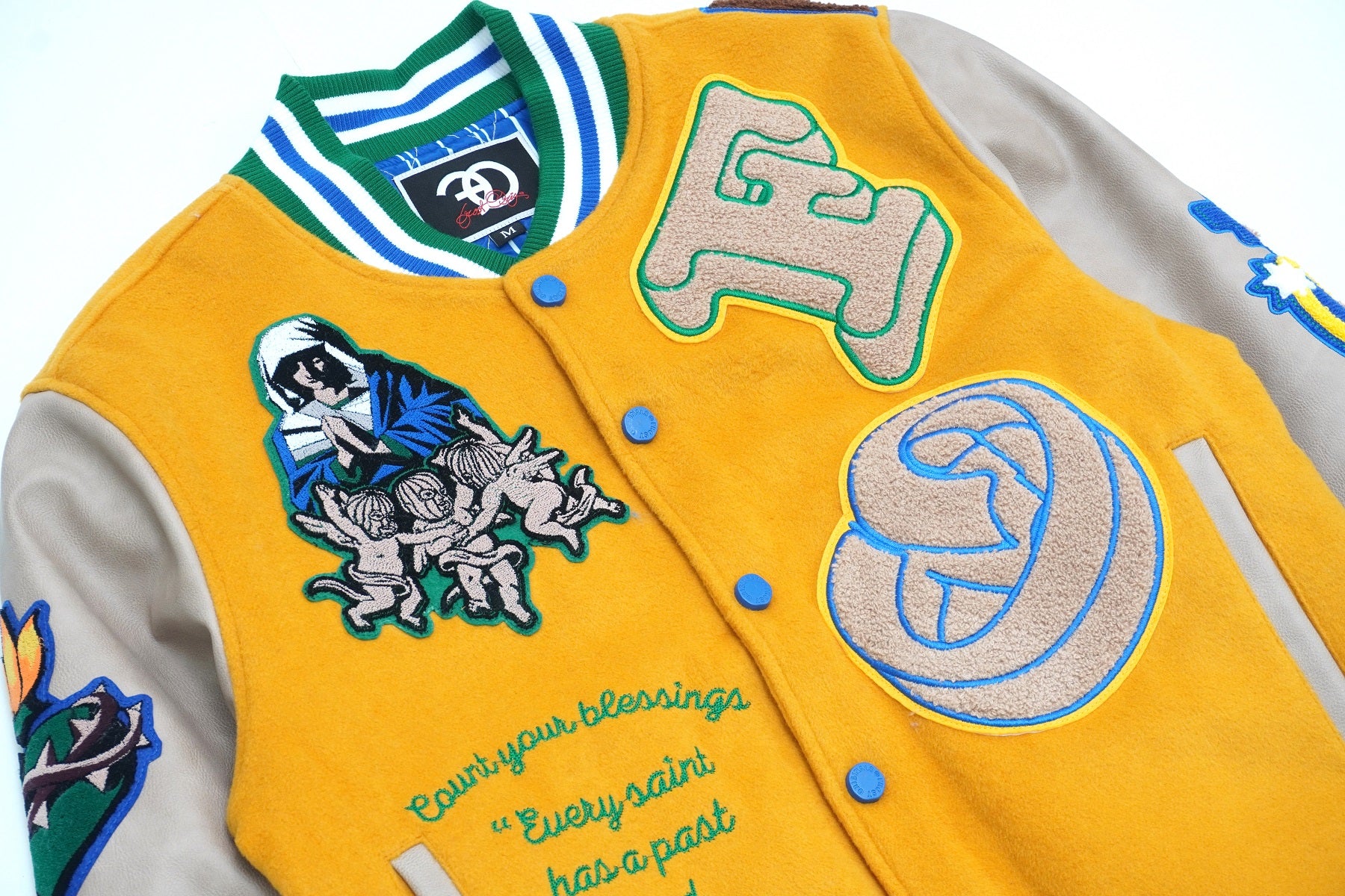Makobi F1021 "SAINTS" Wool Varsity Jacket in Wheat, view 5