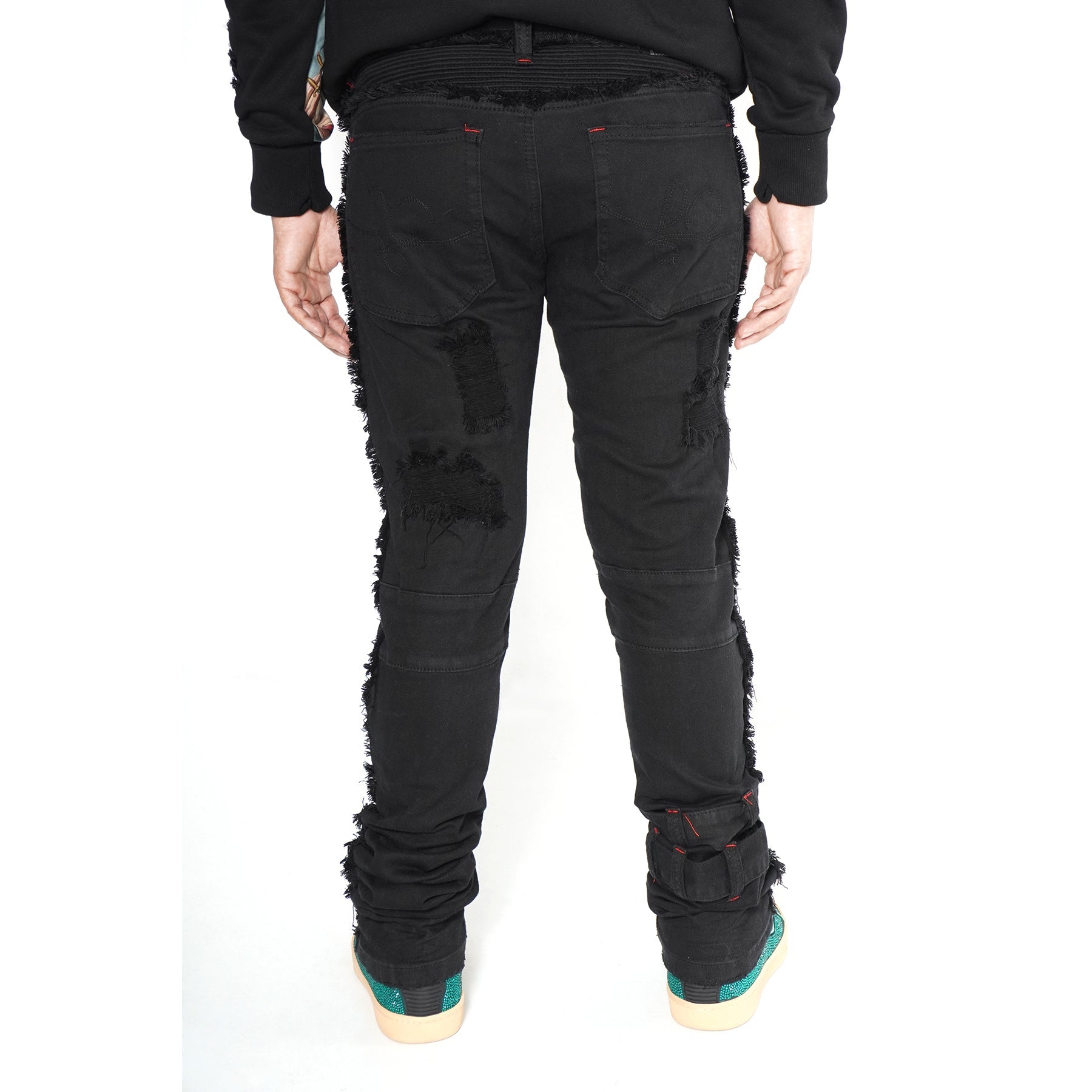 Makobi F1779 Shredded Stack Jeans in Black/Black, view 3