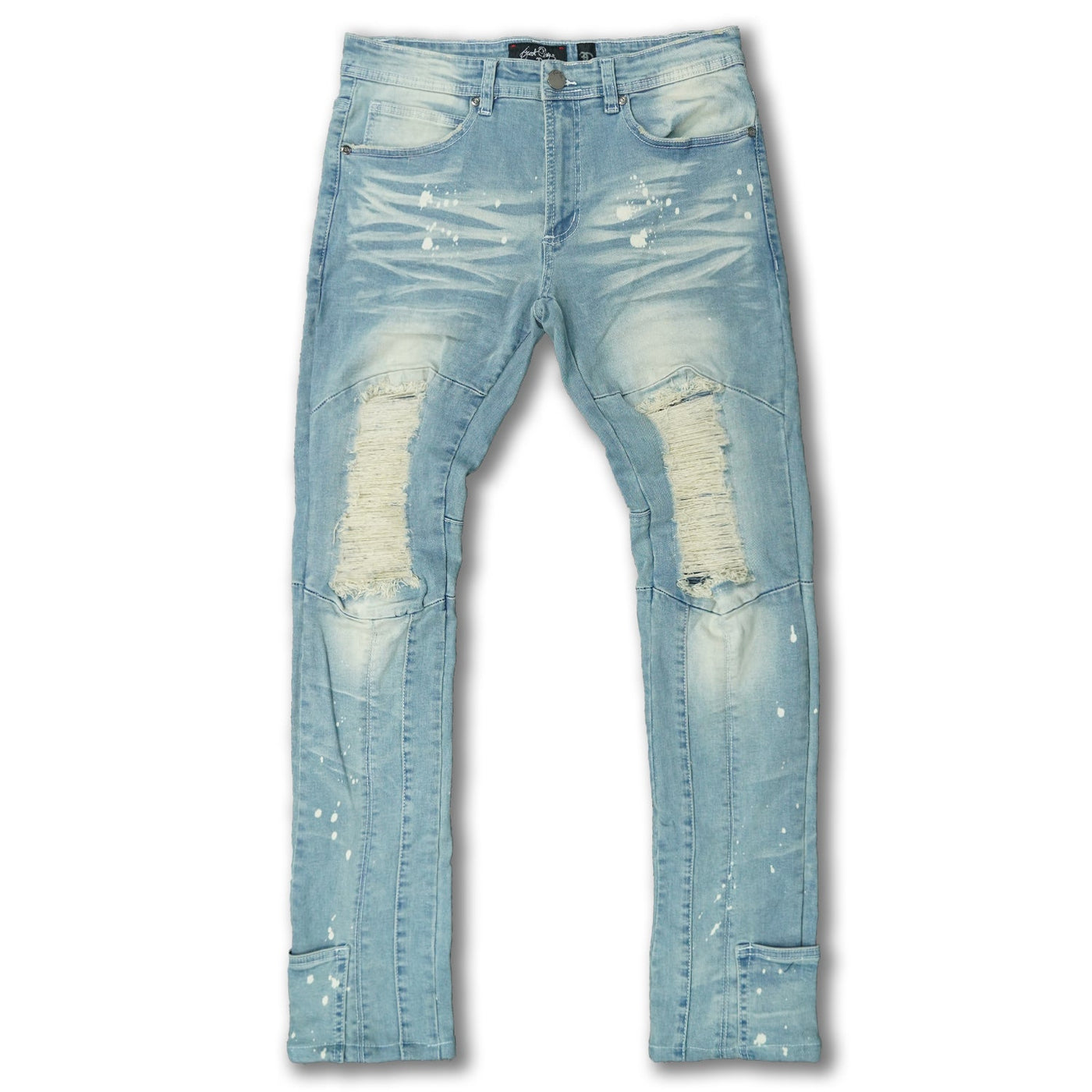 F1748A Shredded Biker Denim Jeans w/ Bottom Leg Zipper | 32-inch Inseam - Light Wash