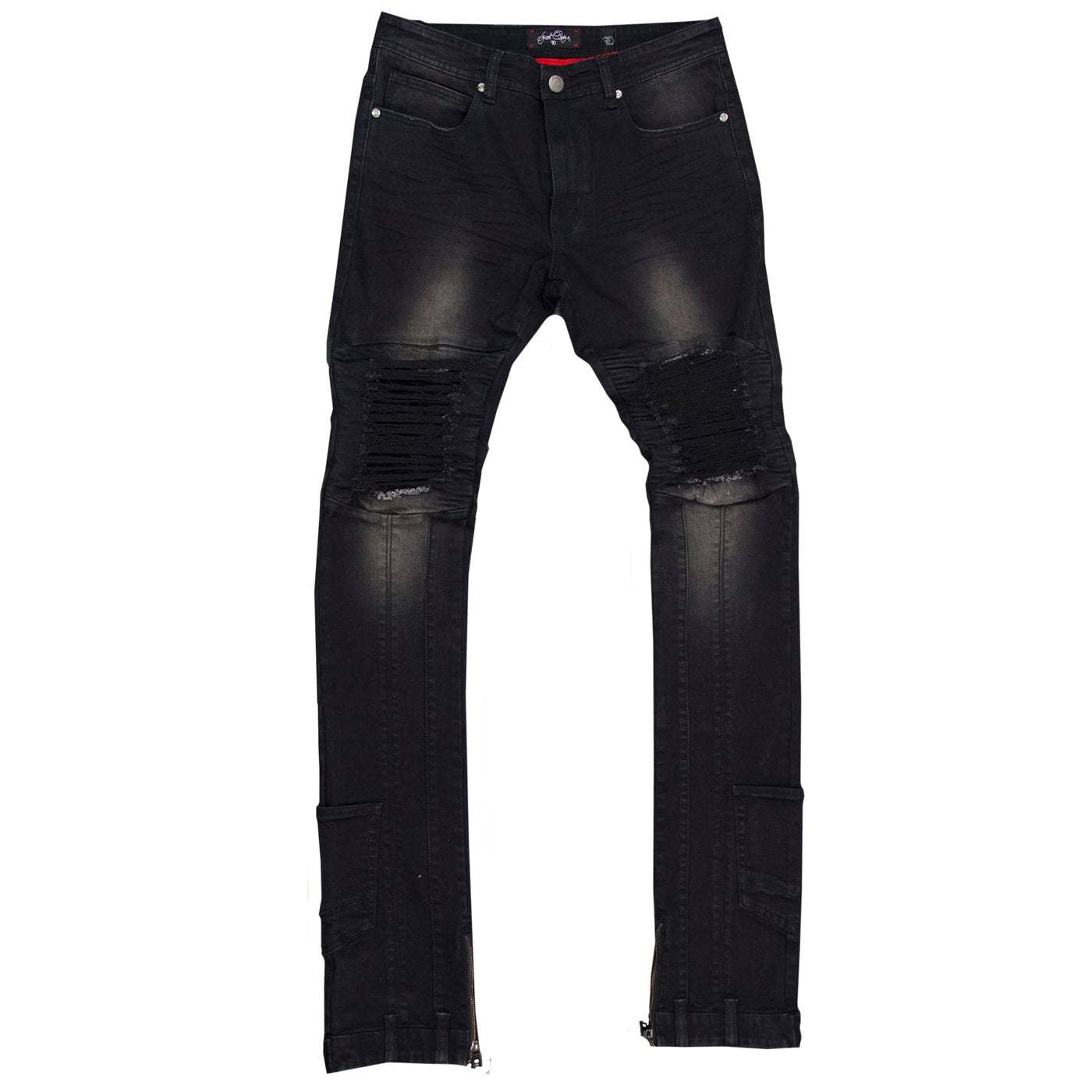 F1748 Shredded Biker Denim Jeans w/ Bottom Leg Zipper | 40-inch Inseam - Black