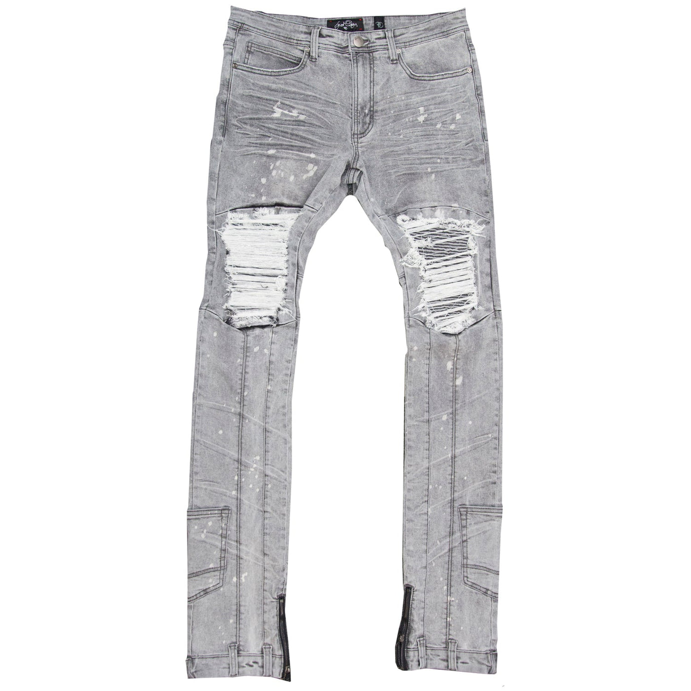 F1748 Shredded Biker Denim Jeans w/ Bottom Leg Zipper | 40-inch Inseam - Gray