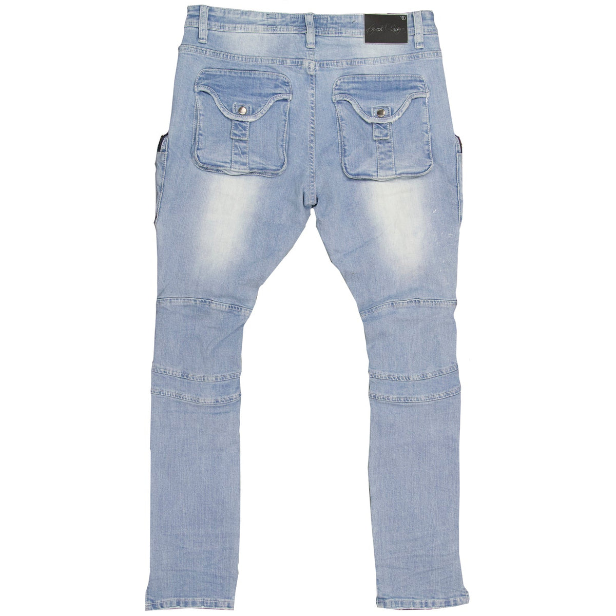 F1785 Denim Biker Jeans w/ Cargo Pockets - Light Wash