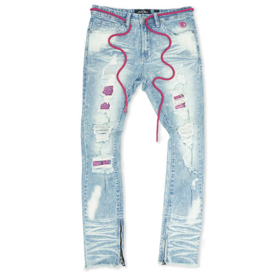 F1756 Denimu Jeans pẹlu Rhinestones &amp; Idasonu Ẹsẹ Isalẹ - Fifọ ina/Pinki